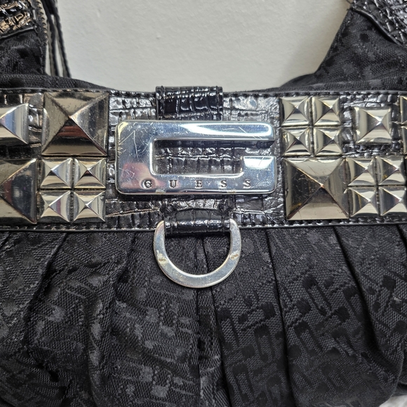 GUESS Vintage Y2K Studded Hobo Bag - Black Monogram & Croc Embossed - Picture 2 of 11